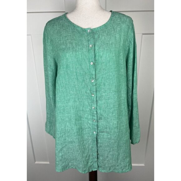Tahari Tops - Tahari 100% Linen Tunic Top 1X Green Button Front Roll Tab Sleeve EUC